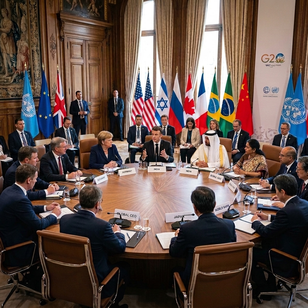 Leaders with Flags" is: "A professional photograph of a G20 summit meeting featuring world leaders seated around a large circular table in an ornate, wood-paneled room, symbolizing high-level global diplomacy and cooperation