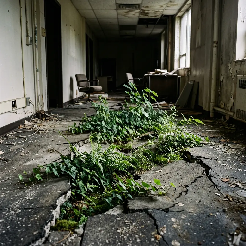 Green plants and ferns growing through cracked and broken floor in an abandoned office hallway