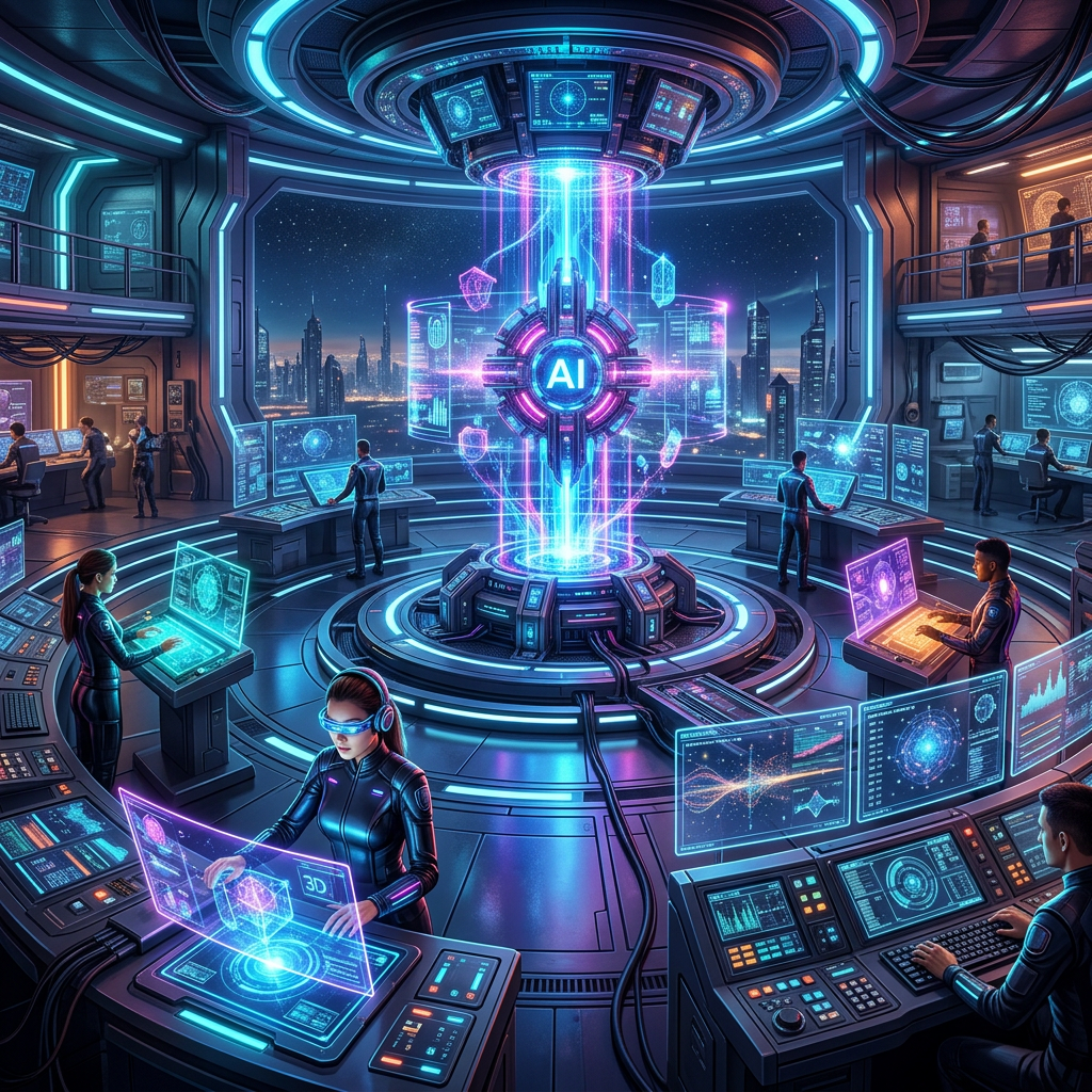 High-tech control room with multiple people using holographic AI computer interfaces