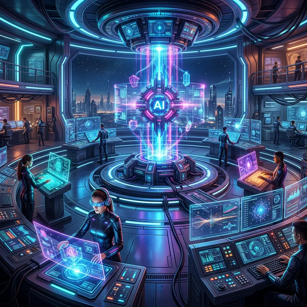High-tech control room with multiple people using holographic AI computer interfaces