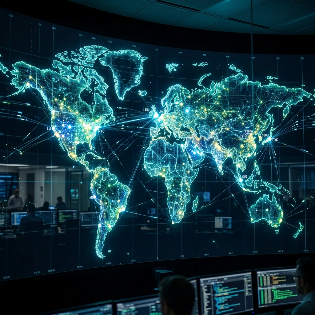 Digital world map with highlighted network nodes and global data connections