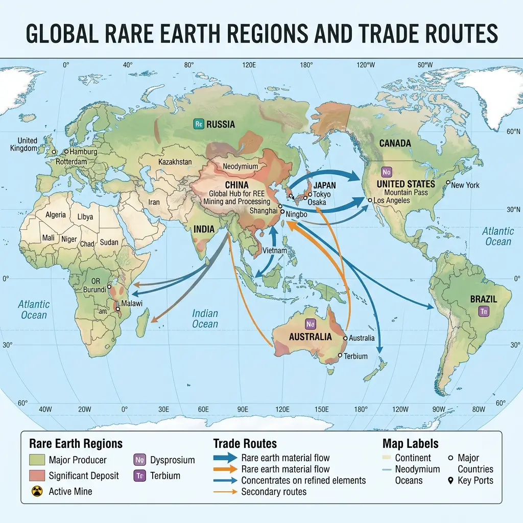 World map highlighting major rare earth producing regions, significant deposits, active mines, and trade routes between countries including China, United States, Australia, Russia, India, Japan, Brazil, and Africa.