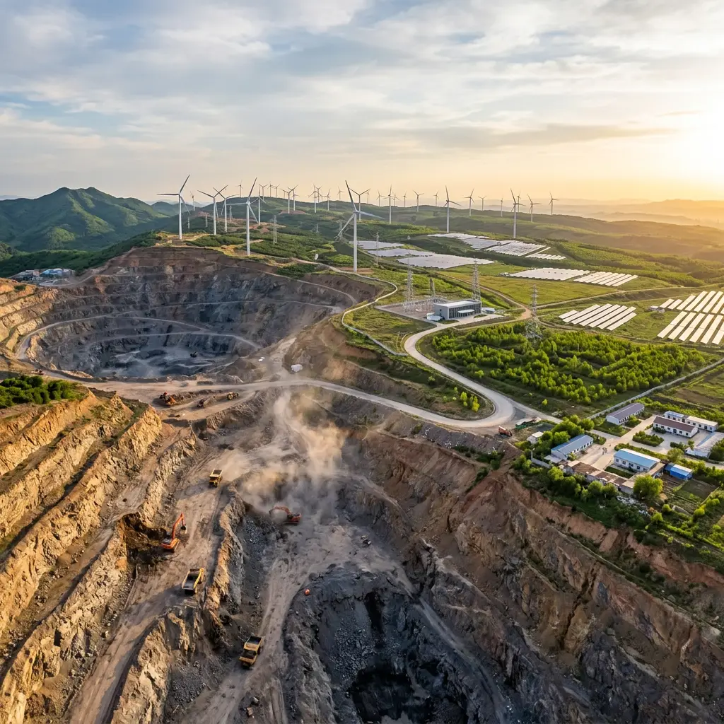 Open-pit mine with heavy machinery, wind turbines, and solar panels in a hilly landscape