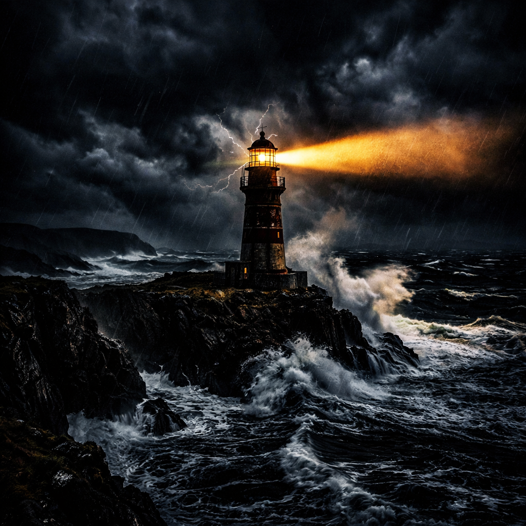 Lighthouse shining light amid stormy seas with waves crashing on rocky cliffs and lightning in sky