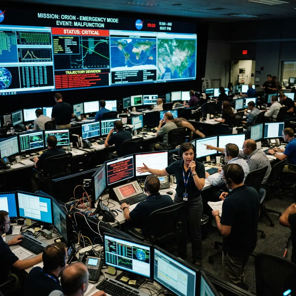 Mission control room with staff managing Orion spacecraft emergency and critical malfunction alerts