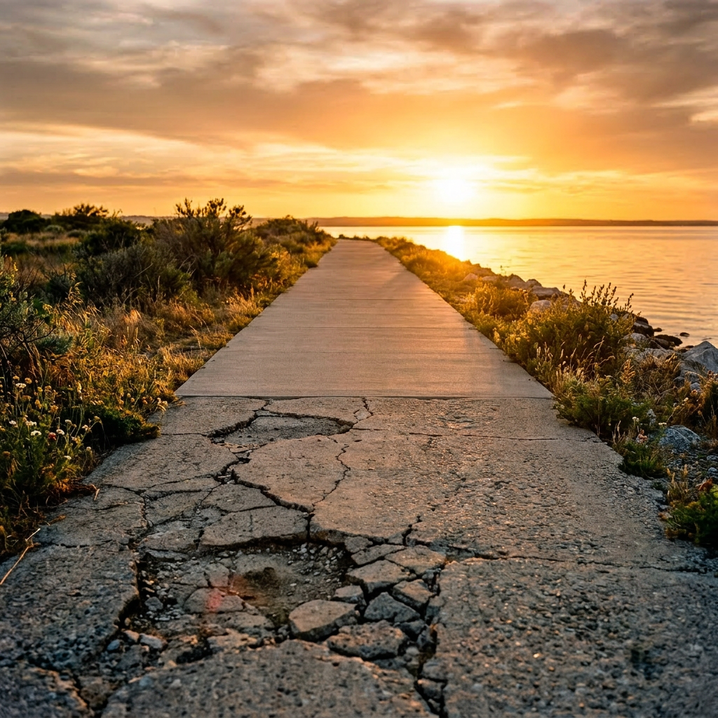 Cracked concrete path alongside water at sunset with surrounding vegetation