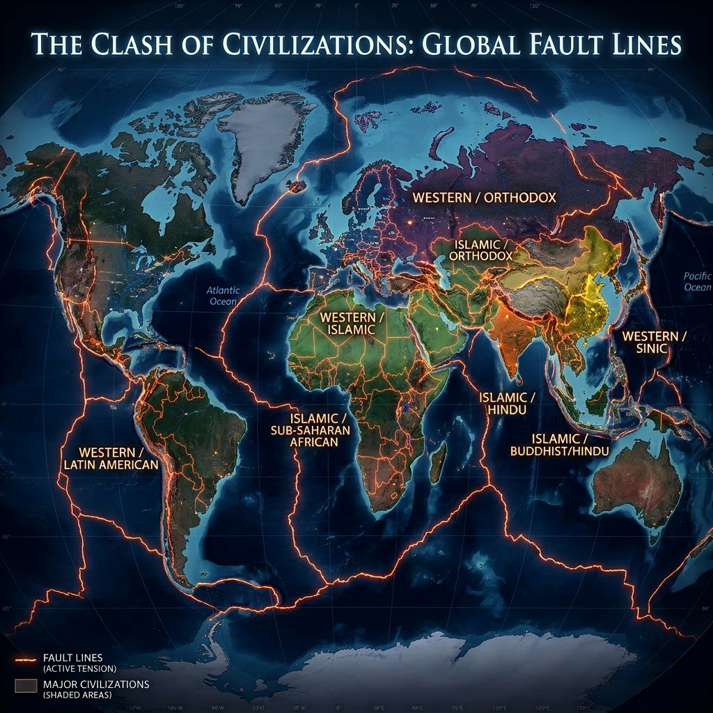 World map highlighting fault lines and shaded regions of major civilizations