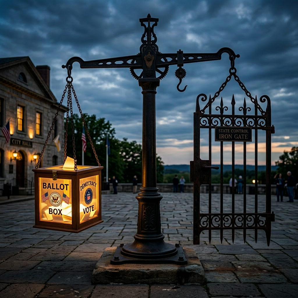 A balance scale holding a lit ballot box on one side and an iron gate labeled 'State Control' on the other in a town square.
