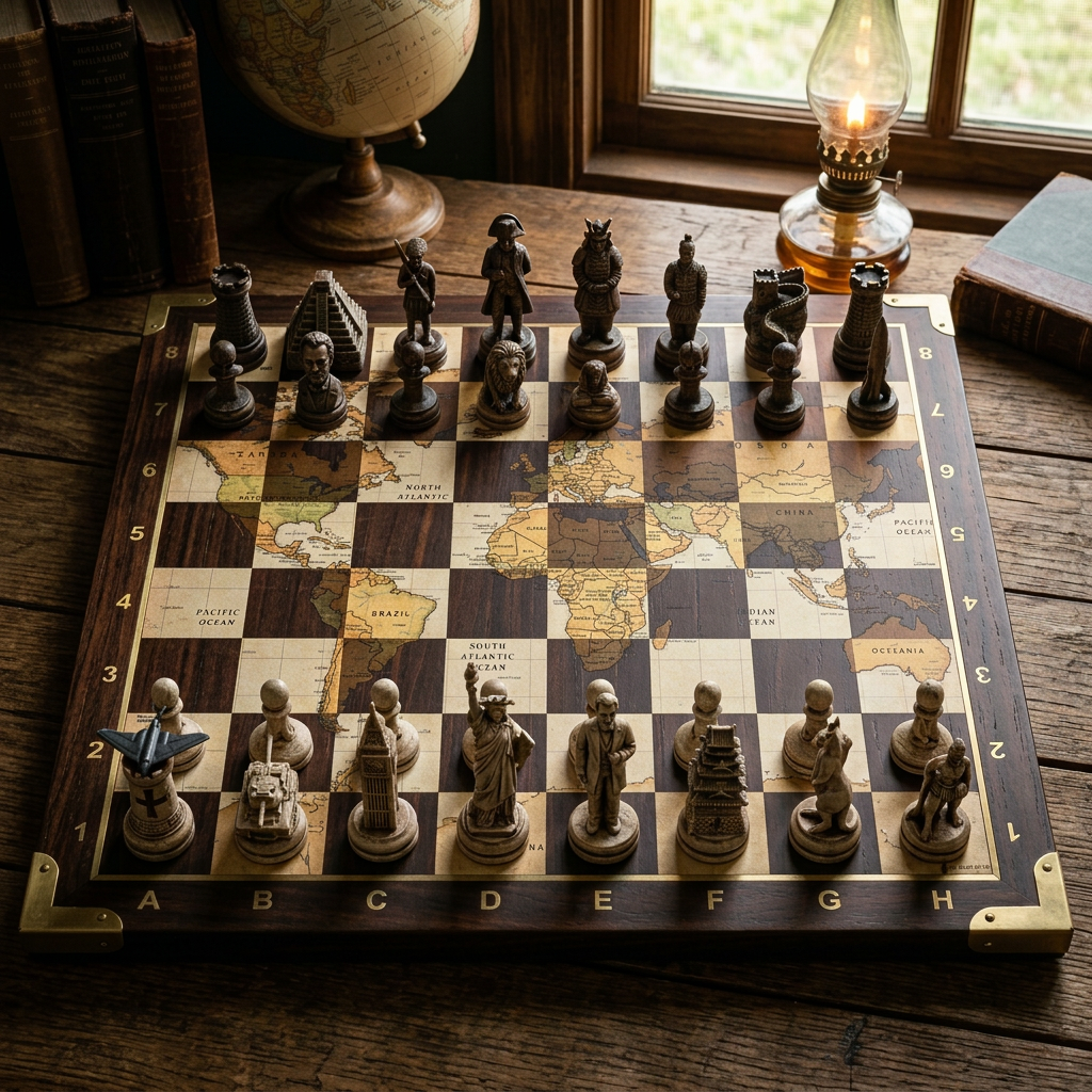 Chessboard with world map squares and historical figure chess pieces