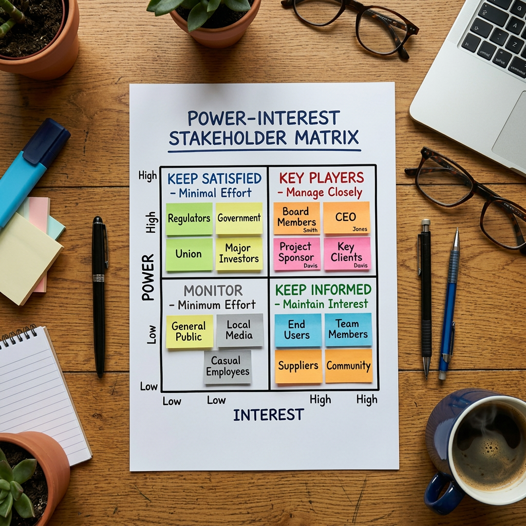 Power-interest stakeholder matrix chart showing categories: Keep Satisfied, Key Players, Monitor, Keep Informed with stakeholder names