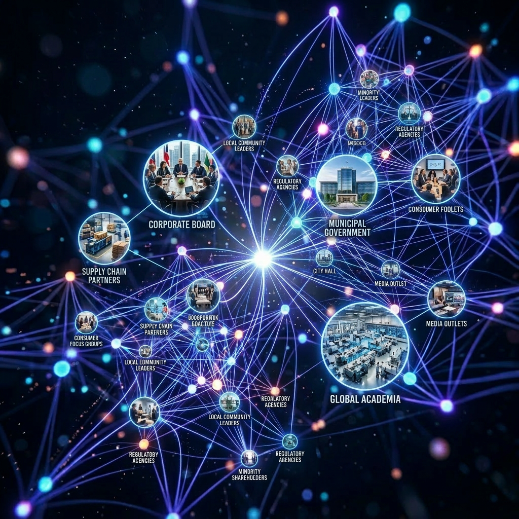 Network of corporate boards, government, academia, regulatory agencies, and community groups connected by lines