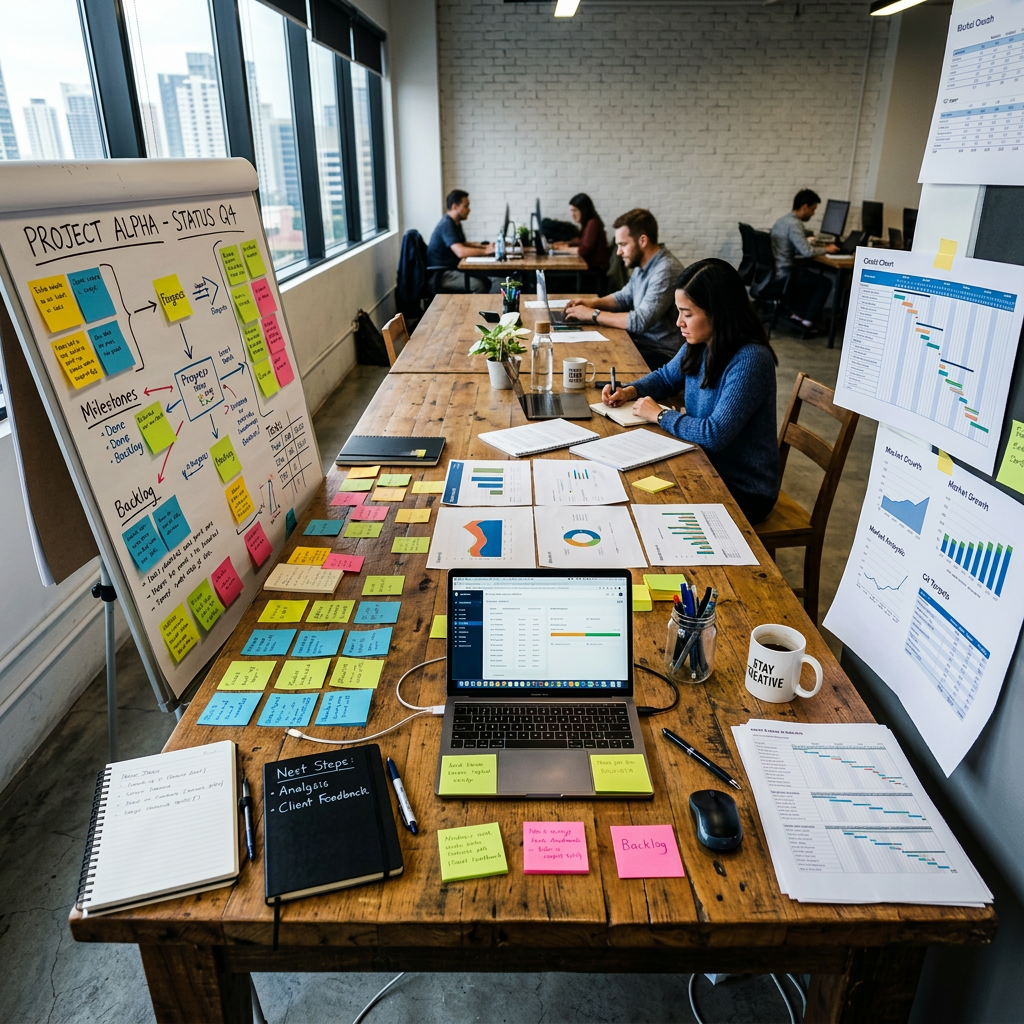 Office workspace with project planning notes, charts, and people working at desks