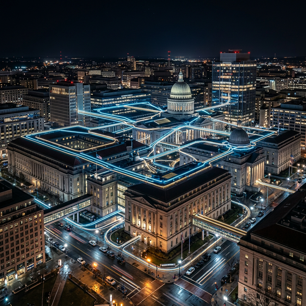Nighttime cityscape with historic government buildings connected by glowing blue digital lines