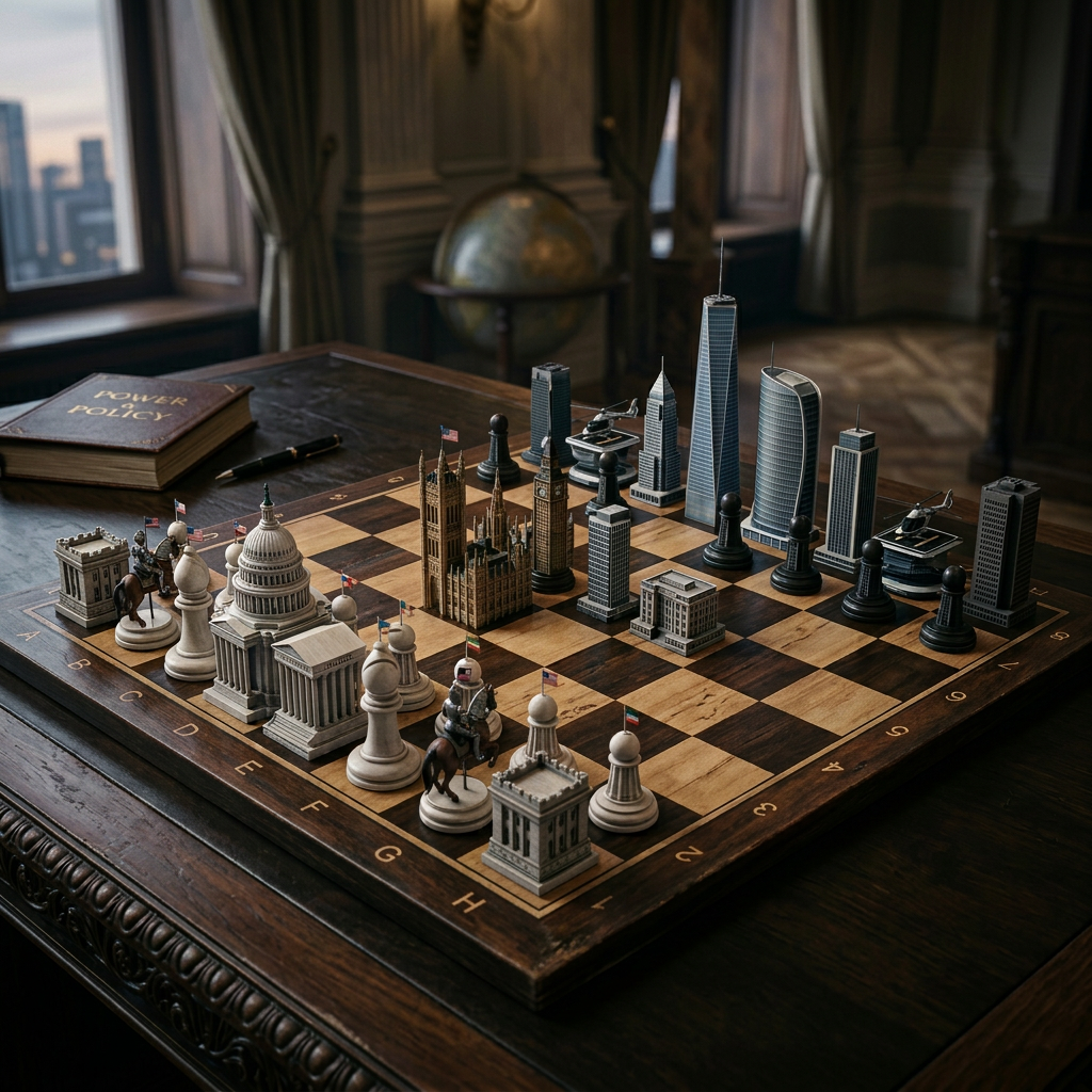 Chessboard with replicated famous buildings and standard chess pieces
