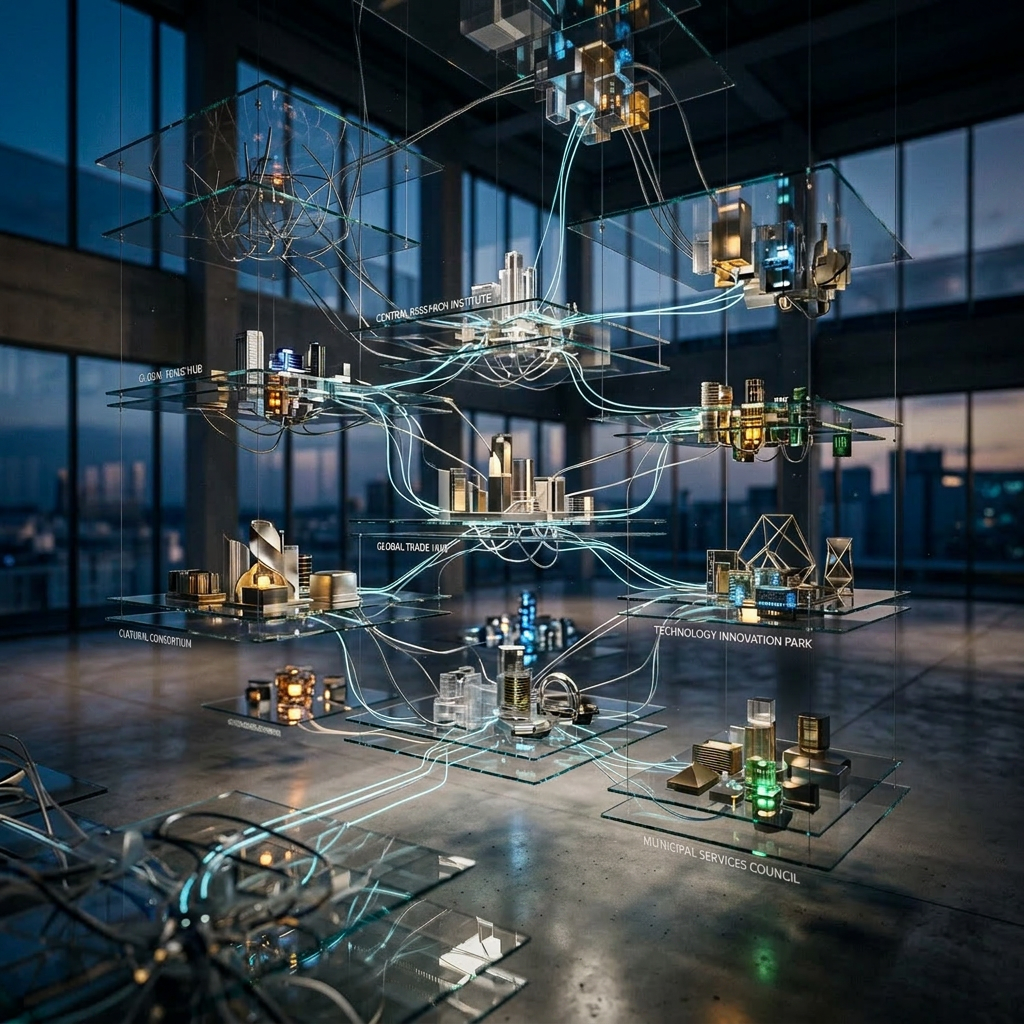 Interconnected futuristic city hubs model with glowing blue network lines