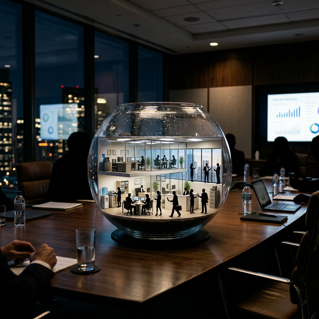 Glass fishbowl with miniature office interior showing people working and collaborating inside