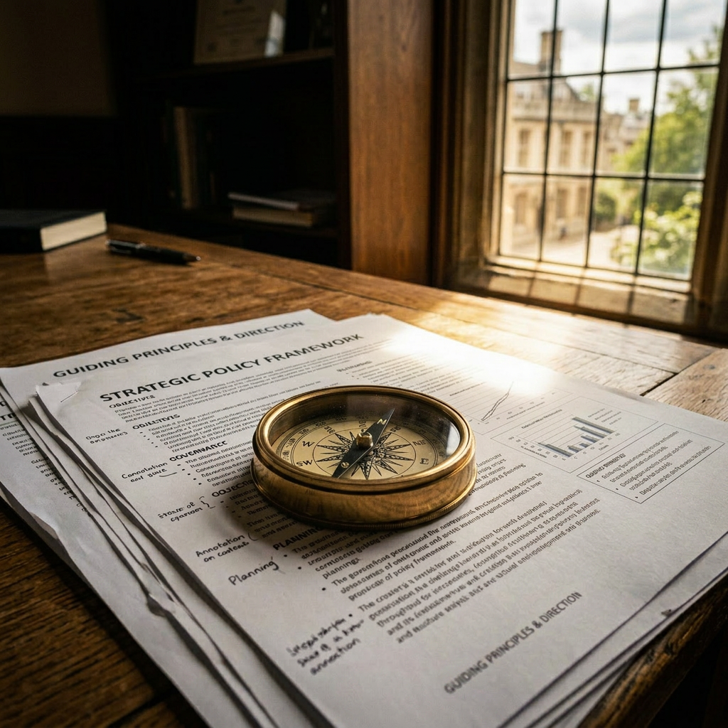 Brass compass on strategic policy framework documents