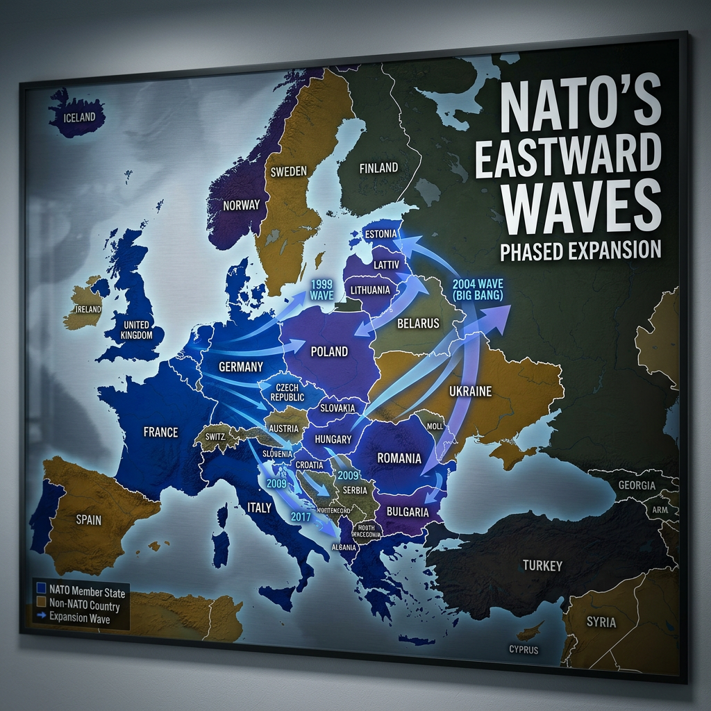 Map showing NATO member states and phased eastward expansion waves in Europe with arrows and years