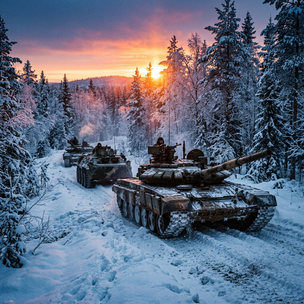 Military tanks and armored vehicles moving through a snowy forest road with trees covered in snow and a sunset in the background