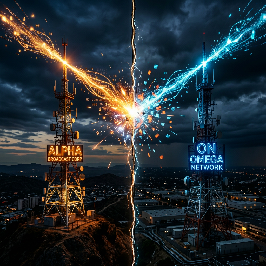 Two broadcast towers emitting clashing orange and blue digital signals under a stormy sky