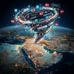 Digital vortex of social media icons and hashtags over Middle East map representing conflict and protests