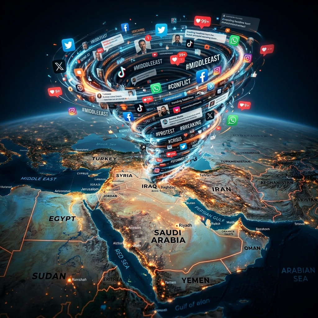 Digital vortex of social media icons and hashtags over Middle East map representing conflict and protests