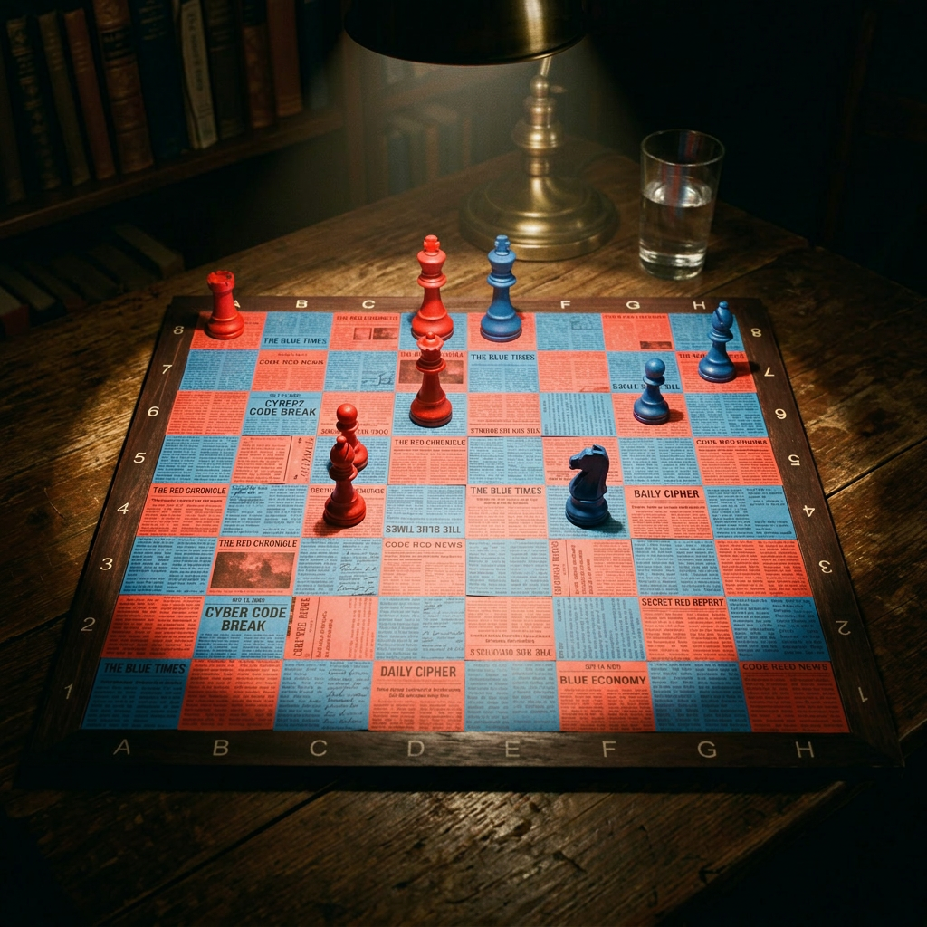 Chessboard with red and blue newspaper print squares and red and blue chess pieces arranged on it
