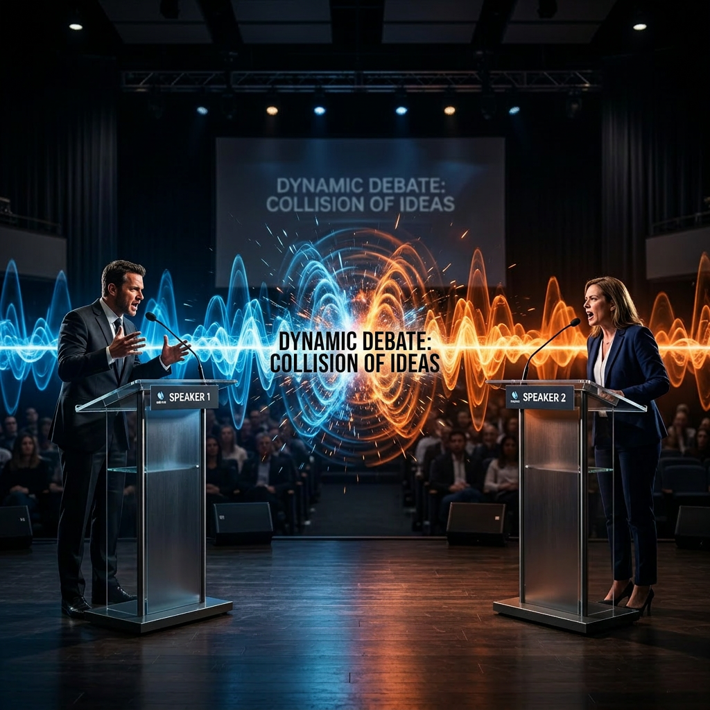 Man and woman debating intensely at podiums with visual sound waves colliding