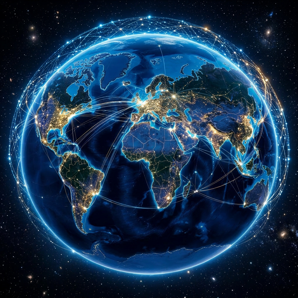 Earth with illuminated cities and lines representing global digital connections at night