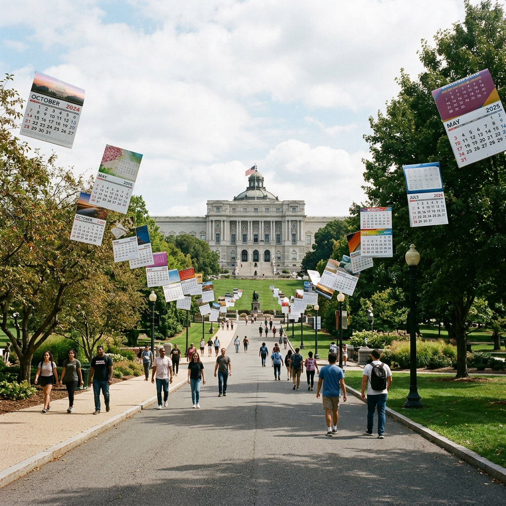 Campus pathway with students walking and large calendars floating above