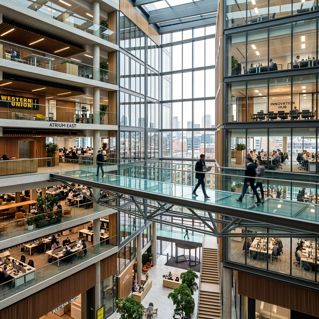 Interior of a modern office building with glass walls, multiple floors, a glass pedestrian bridge, and people working and walking