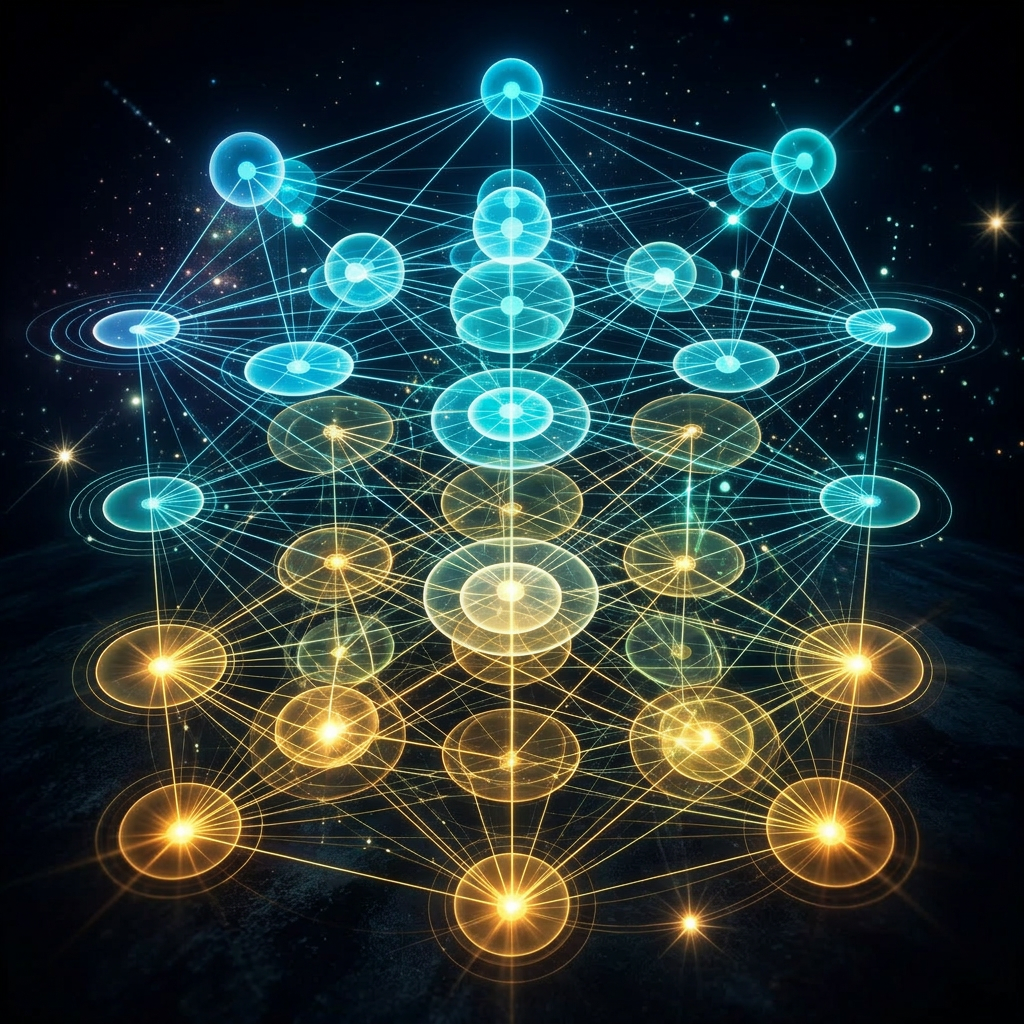 Glowing interconnected nodes and lines forming an abstract neural network structure