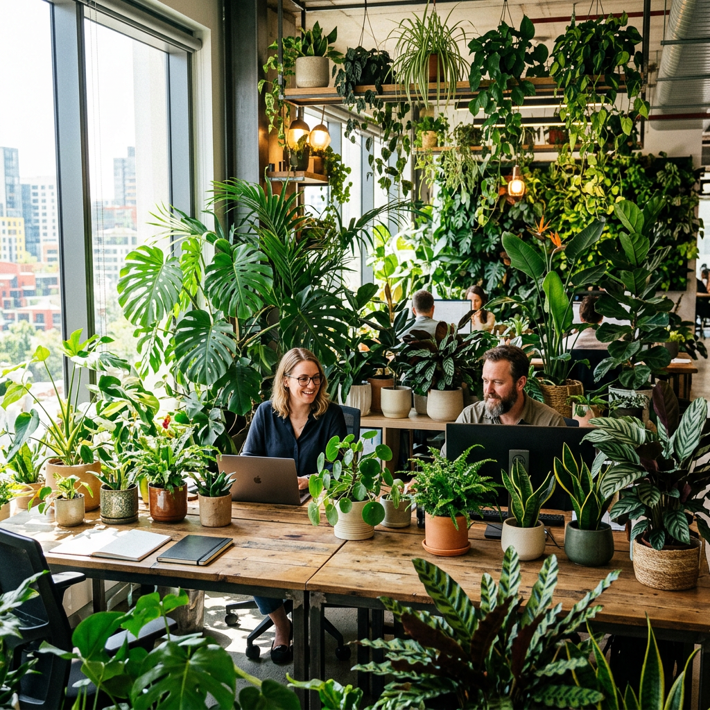 Two people working on laptops at a desk filled with various indoor potted plants in a well-lit office