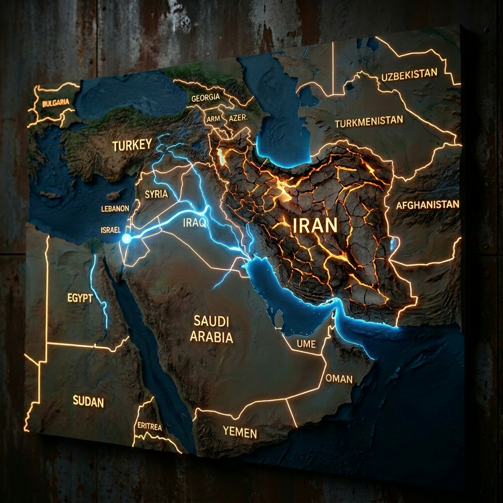 Topographic map highlighting Middle East and Central Asia countries and major rivers