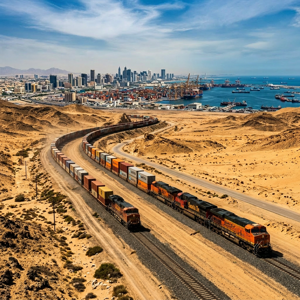 Two freight trains with containers traveling on parallel tracks through a desert towards a coastal shipping port and city skyline.