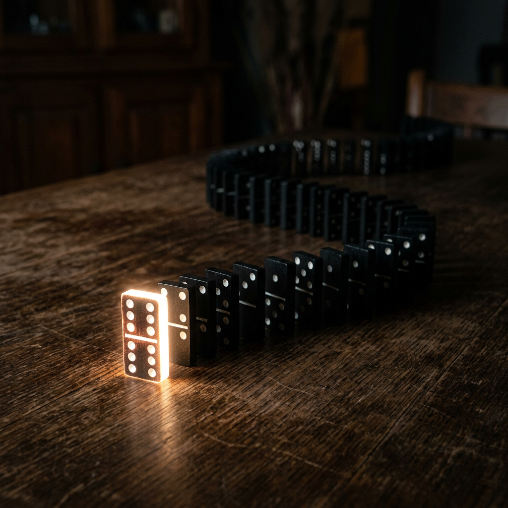 Lighted domino standing at the front of a curved row of black dominoes on a wooden surface