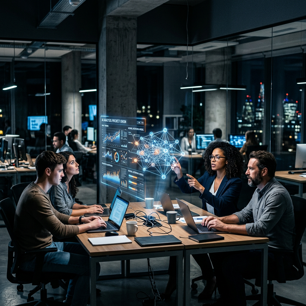 Four professionals collaborating around a table with laptops and holographic AI network graphics in a night office