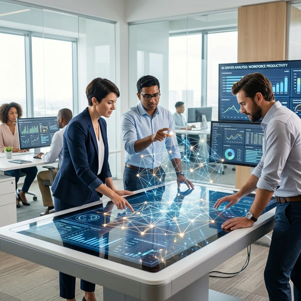 Three professionals working together at a digital interactive table analyzing network data visualizations.