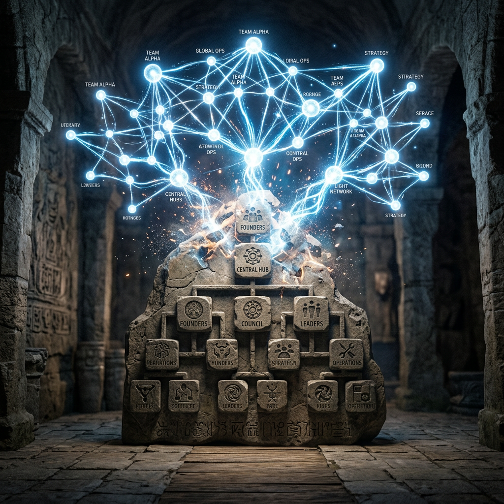 Ancient stone tablet with hierarchy labeled founders, council, leaders and operations, connected to a glowing digital network above.