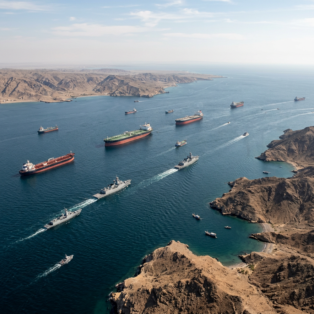 Naval ships escorting several large commercial oil tankers through a narrow sea passage flanked by rocky brown hills.