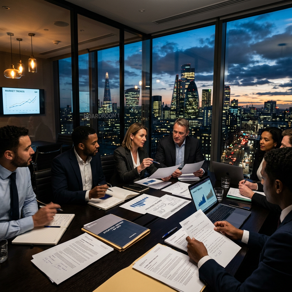 Business team discussing financial documents in a modern boardroom with city skyline at dusk