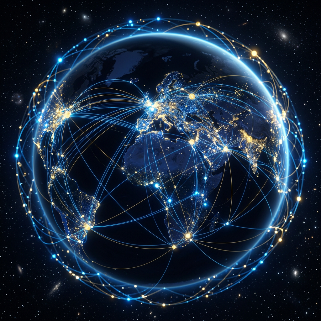 Globe with illuminated global network connections and data hubs