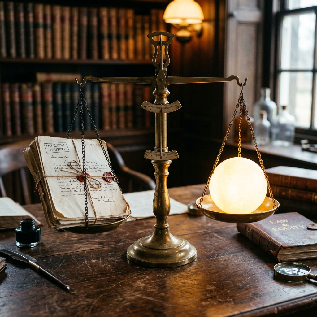 Antique brass scale with legal documents on one side and glowing orb on the other