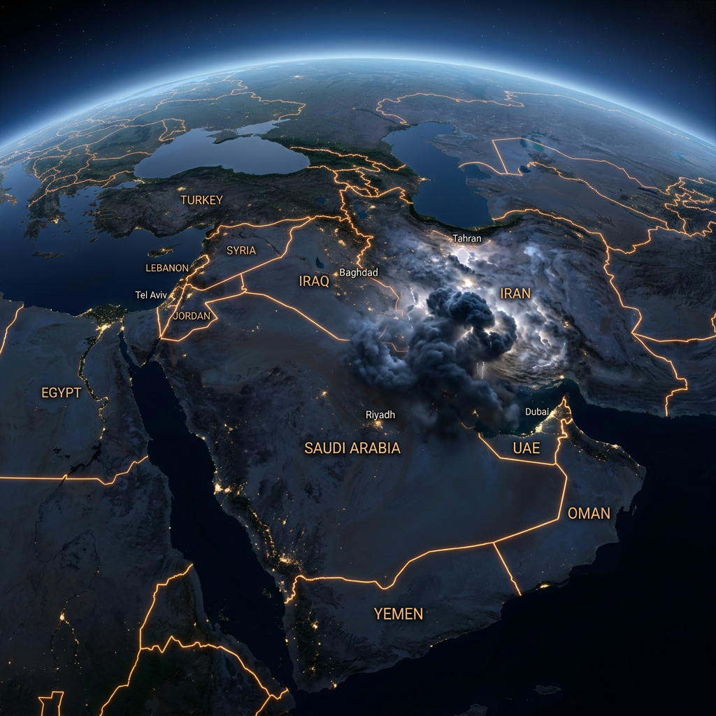 Satellite night view of Middle East countries with highlighted borders and smoke over Iran
