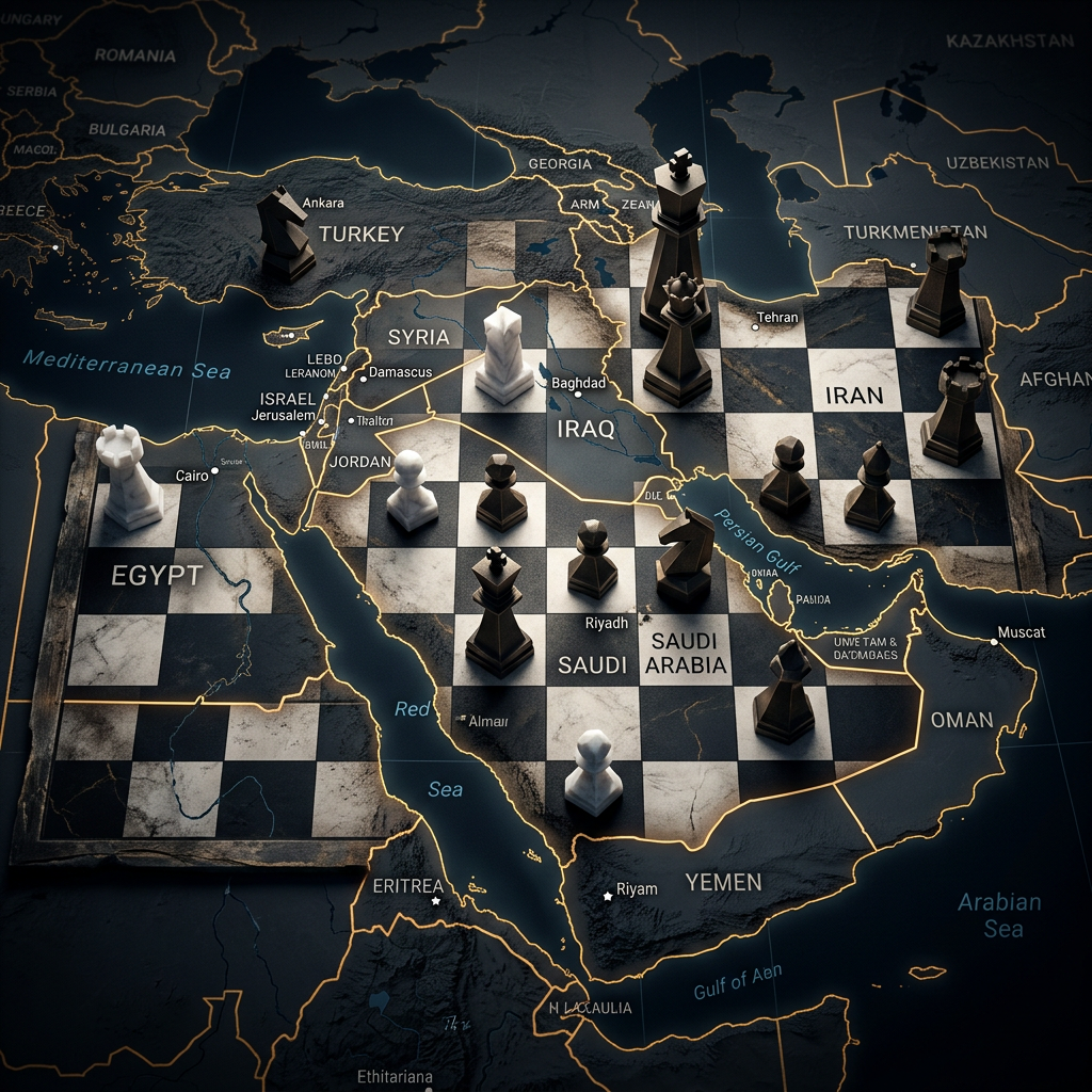 Chessboard overlay on Middle East map with chess pieces placed over countries.