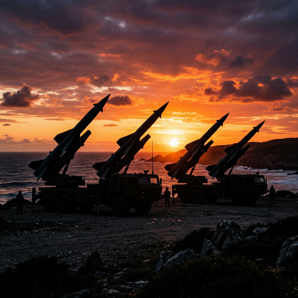 Four missiles mounted on trucks silhouetted against a vibrant sunset sky by the sea