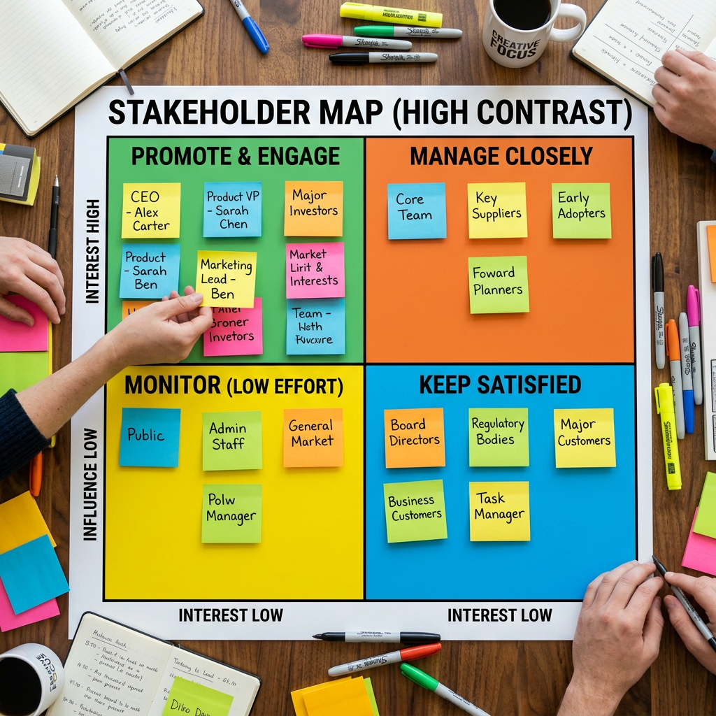 Stakeholder map chart with sticky notes categorizing stakeholders by interest and influence levels