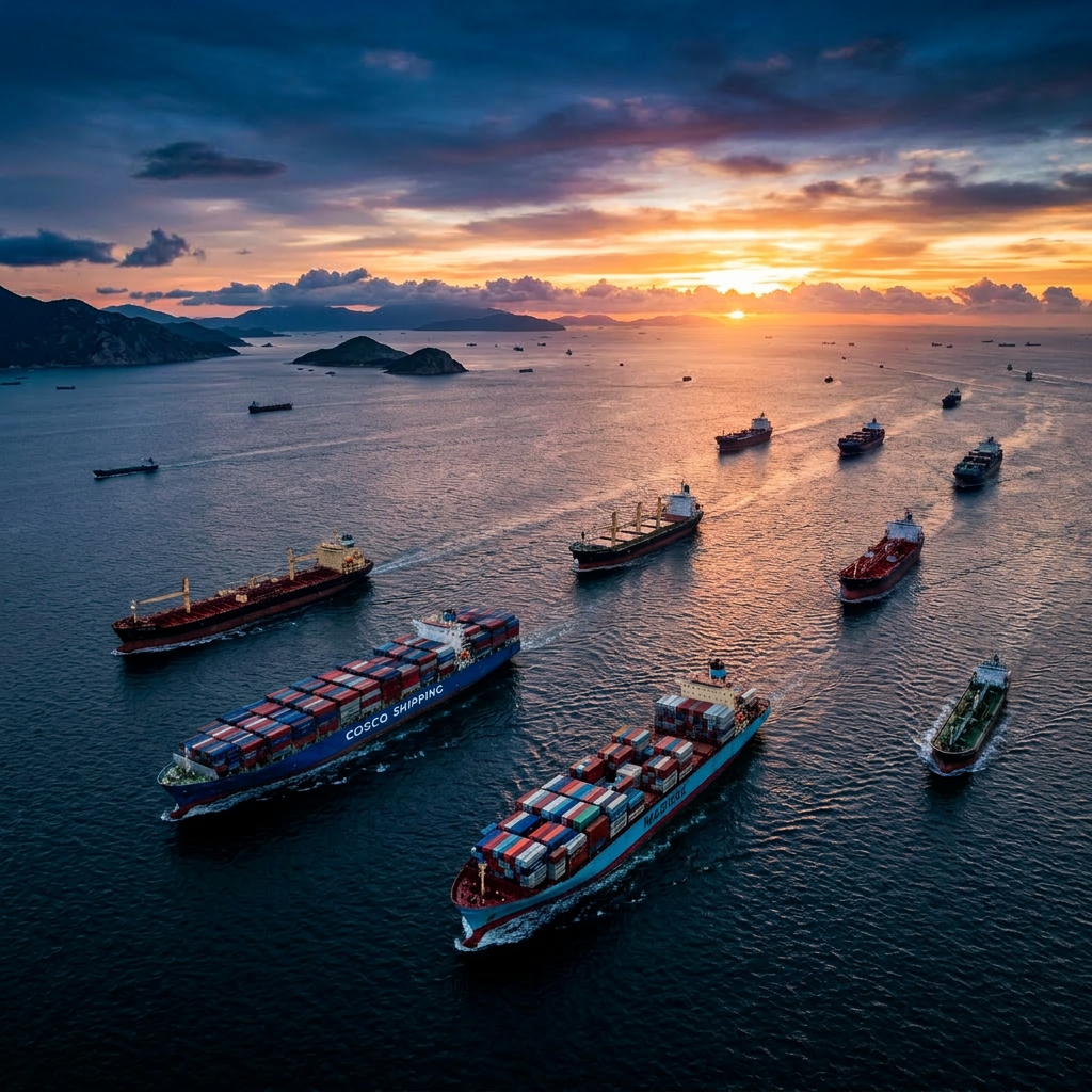Several large cargo ships sailing on calm ocean waters near islands during sunset