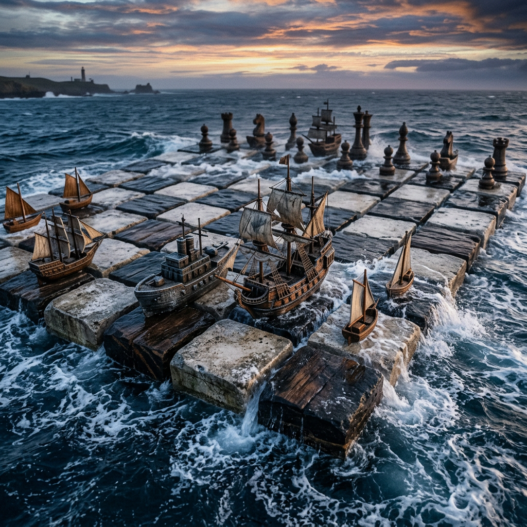 Stone chessboard floating in ocean waves with wooden ships and chess pieces on squares