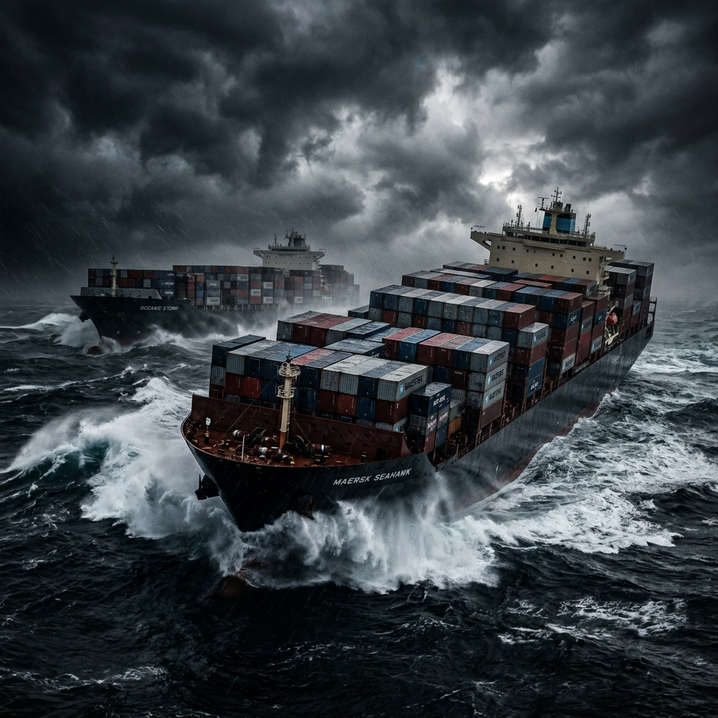 Two cargo container ships at sea in stormy weather with rough waves and dark clouds